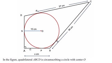 Quadrilateral ABCD circumscribes a circle with center O. If radius of incircle is 10cm, find x.