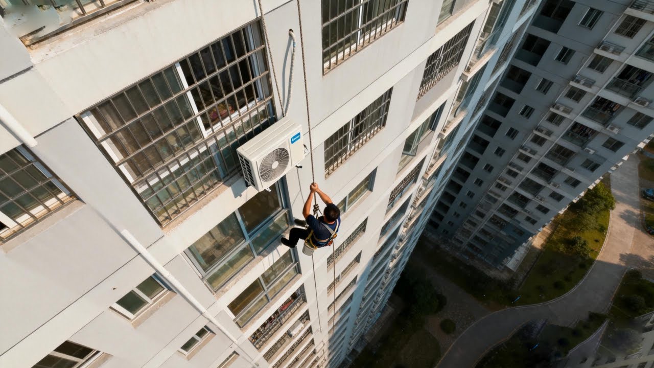 25楼第一视角拆空调，却碰上坚硬防护网，直接上演空中飞人！【湛江辉文机电空调安装】