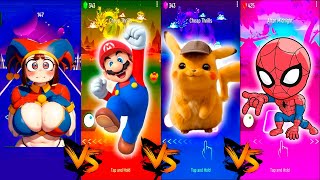 Tiles Hop EDM Rush - Pomni vs Mario vs Pikachu vs Spider Man Cartoon - Supper Battle