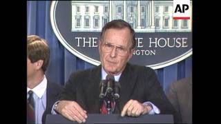 President George H. W. Bush addresses the press prior to his trip to Tokyo, Japan