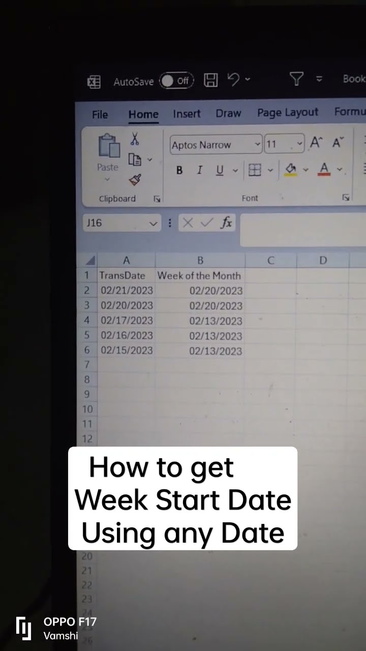 How to get start of the week date using any date in excel 