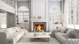 Cozy Living Room Ambience with Fireplace Burning and Snow Falling Outside Cold Winter Snow Forest