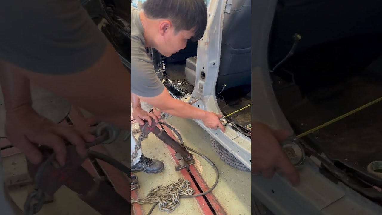 Repair the center pillar of a sedan to factory specifications with Hydraulic Black Hawk. 