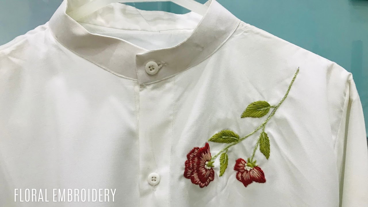 Floral embroidery on white shirt | satin stitch flower embroidery 