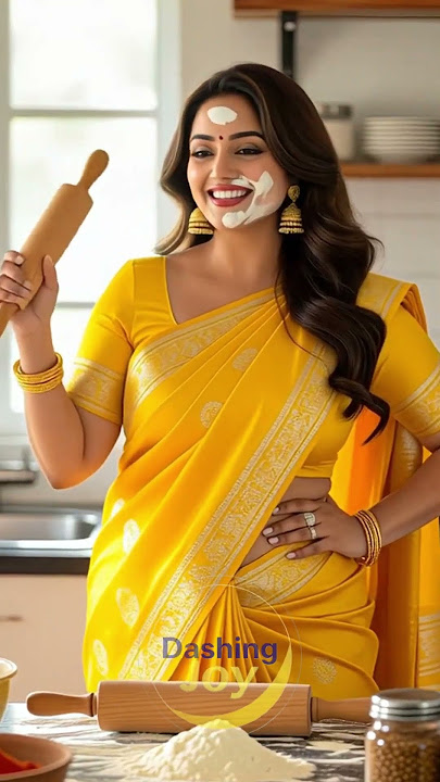 Naughty Desi Kitchen Vibe: Plus Size Beauty in Yellow Saree with Rolling Pin Swag #shorts
