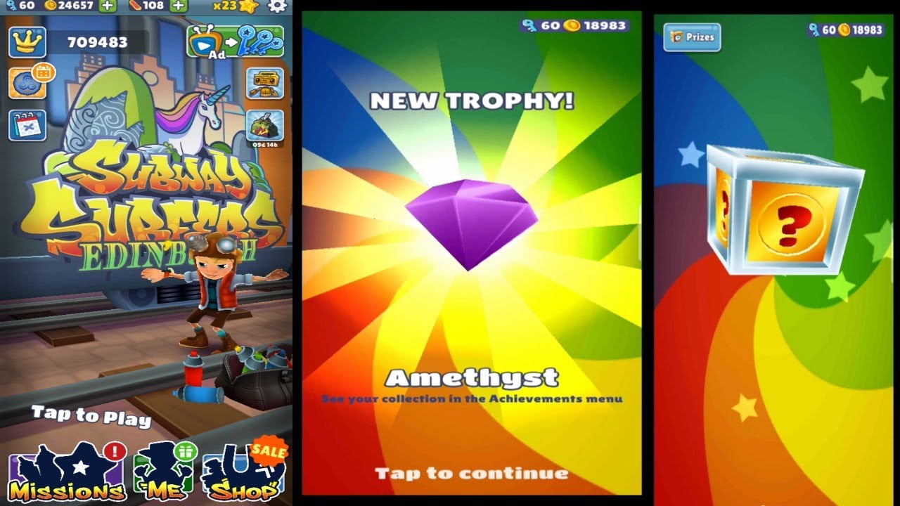 Subwayy Surfers Eddinburgh;Colleccting award of 40 keys for different mission set completion