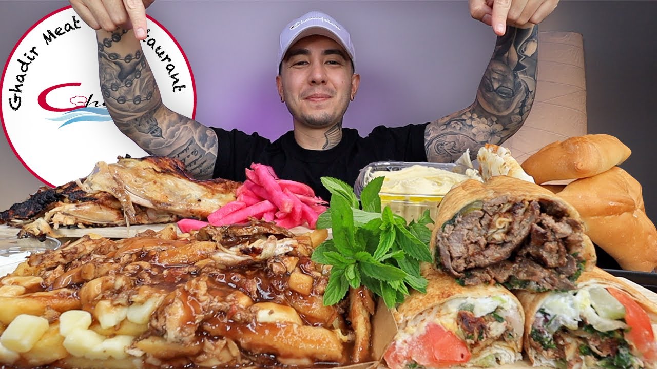 MUKBANG EATING Beef and Chicken Shawarma, Shawarma Poutine, Grill BBQ Chicken From Ghadir Restaurant
