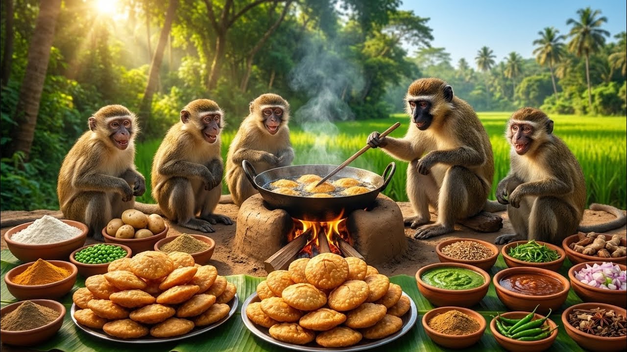 Hundreds of Kachori Cooked by Brown Vervet Monkeys in Forest | Village Cooking Channel 