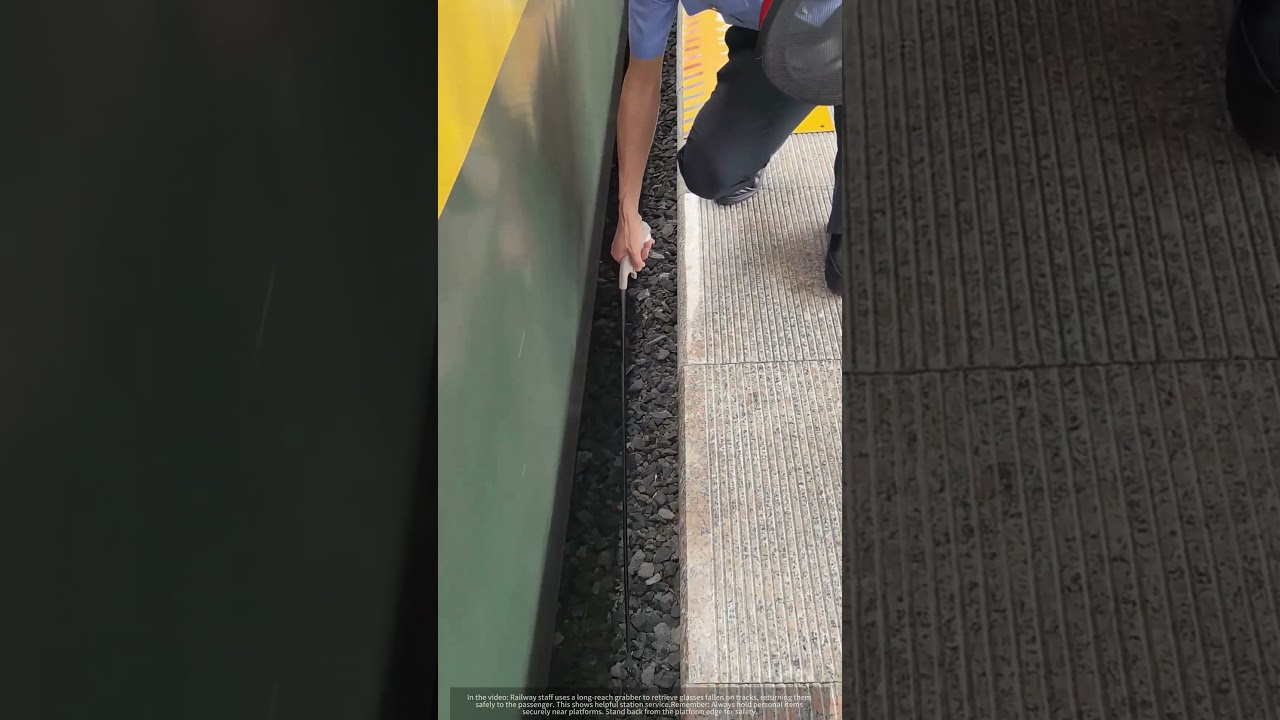 Rail Staff Uses Long Grabber to Retrieve Glasses from Tracks