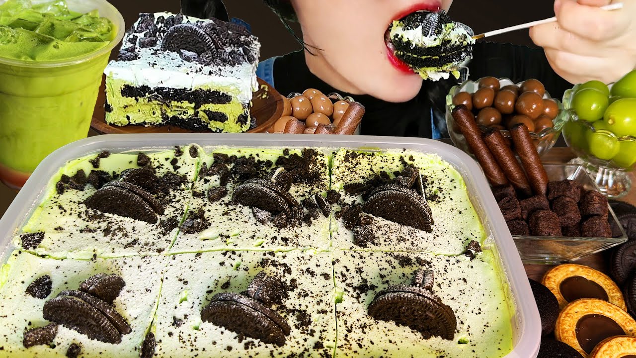 SUB)ASMR MUKBANG💚Вечеринка с матчем💚 Большой торт с матчем Mukbang #MatchaLatte #DessertMukbang