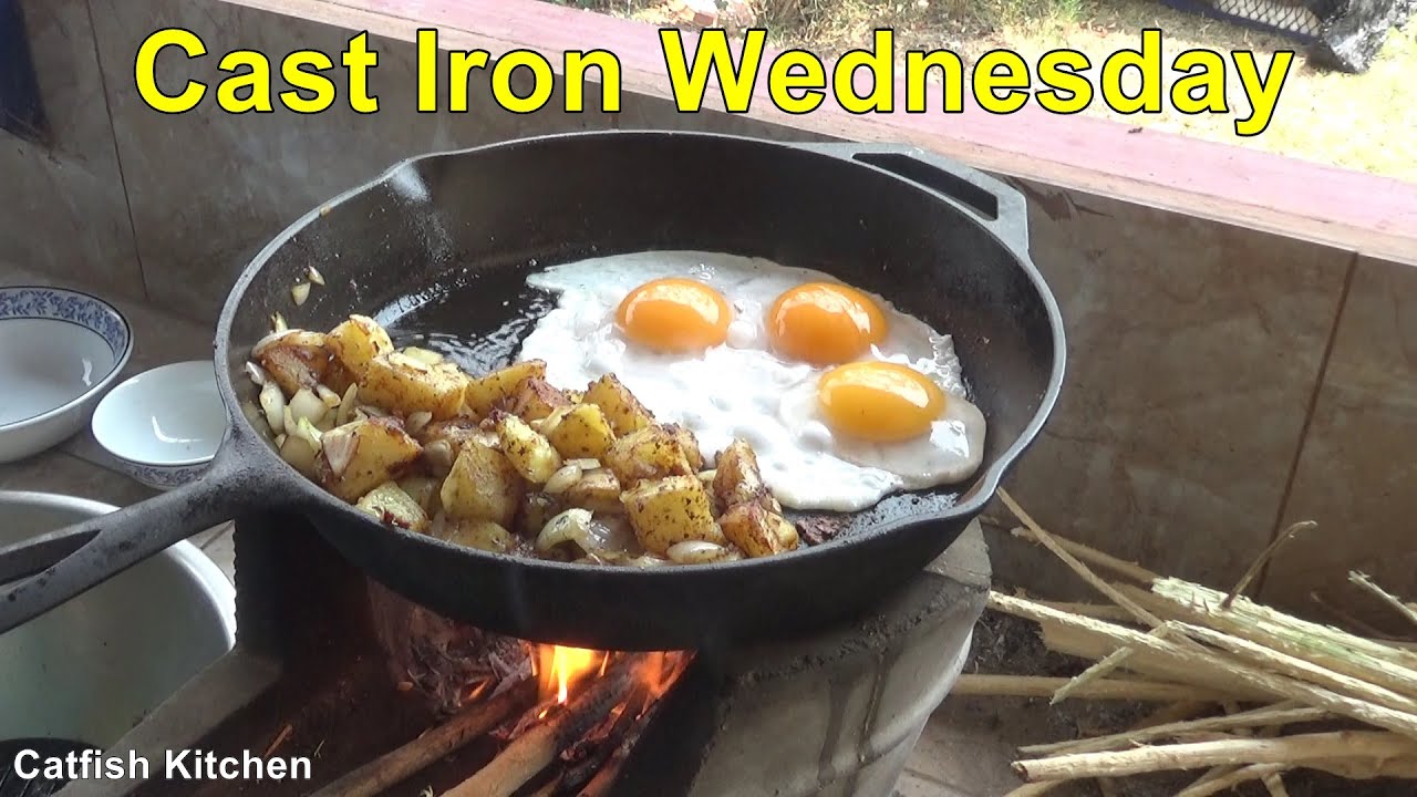 Duck Eggs and Spicy Hashbrowns cooked over wood, its Cast Iron Wednesday in The Catfish Kitchen