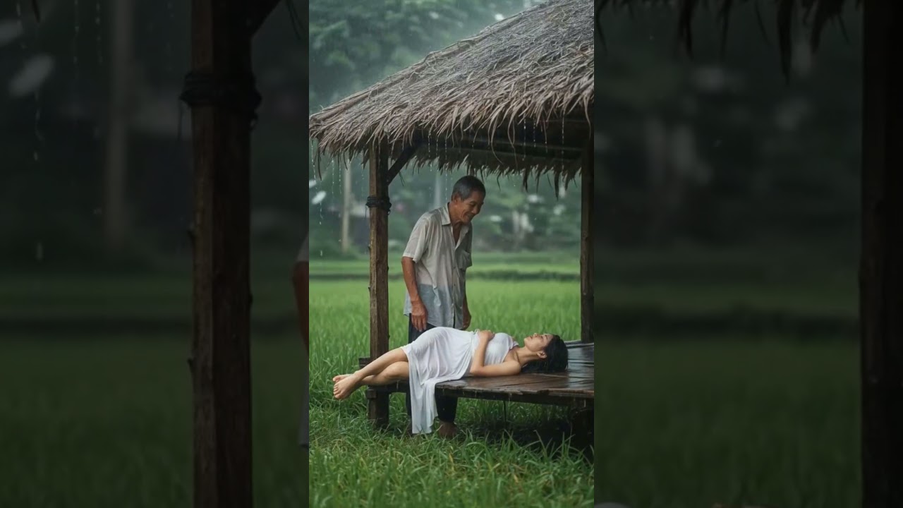 Beautiful Girl in Rainy Rice Field 