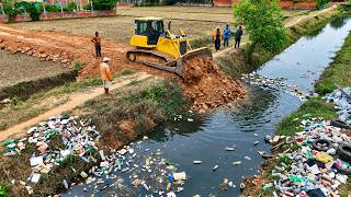Starting New PROJECT!! Delete CANAL to Build New Road by Bulldozer Kamatsu Push, Dump Truck Loading