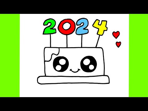 Kolay 2024 Yeni Yıl Pasta Resmi Nasıl Çizilir, Kolay Sevimli Yeni Yıl Pasta Çizimi, Kolay Çizimler