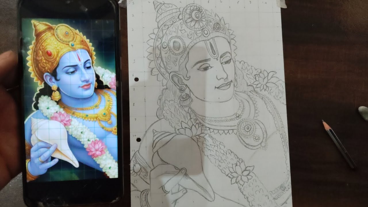 Bhagwan Vishnu Drawing Outline With Grid Method, How To Draw Lord Vishnu With shankh