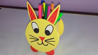 عمل منظم للمكتب من الكرتون على شكل ارنب للاطفال | مقلمه للادوات المدرسيه