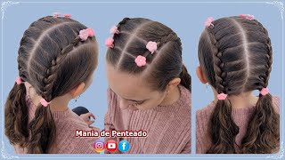 Penteado com Tranças Laterais e Elásticos | Hairstyle with Two Braids and Elastics for Girls 🥰💕