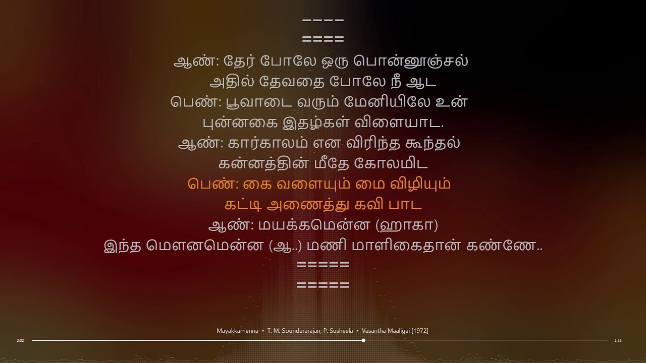 Mayakkamenna  Vasantha Maaligai  K V Mahadevan  synchronized Tamil lyrics song