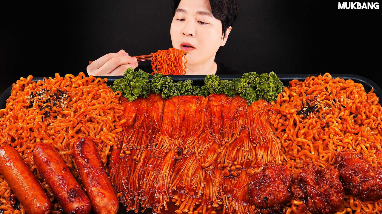 ASMR MUKBANG | Fire Noodles, Spicy Enoki Mushrooms, Fried Chicken, Sausage Spicy Food EATING SOUND