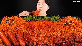 ASMR MUKBANG | Fire Noodles, Spicy Enoki Mushrooms, Fried Chicken, Sausage Spicy Food EATING SOUND