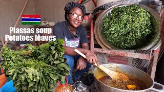 Cooking GAMBIA'S Most MOUTHWATERING FOOD !! Potatoes LEAVES SOUP PLASSAS.