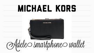 MICHAEL KORS ADELE SMARTPHONE WALLET WRISTLET BLACK PEBBELED LEATHER YELLOW GOLD TONE LOGO HARDWARE