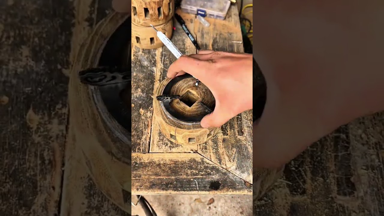 marking circle on wood drilling center hole and routing groove for crafting unique wooden wheel