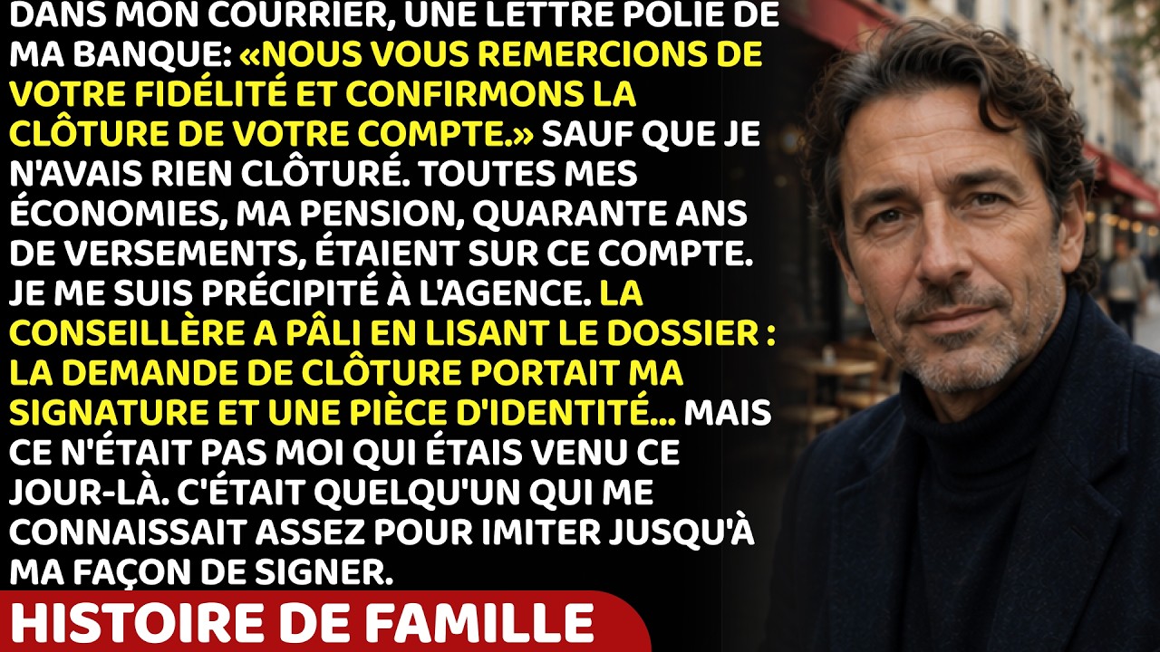 Ce jeudi-là, j'ai ouvert une lettre de ma banque qui me remerciait d'avoir fermé un compte que je n'avais jamais fermé. Un compte où dormaient quarante ans d'économies, toute ma vie de travail. À...
