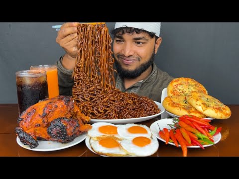 ASMR MUKBANG BLACK BANE NOODLES , GRILLED CHICKEN AND SUNNY SIDE UP EGG EATING SHOW,  EATING VIDEOS