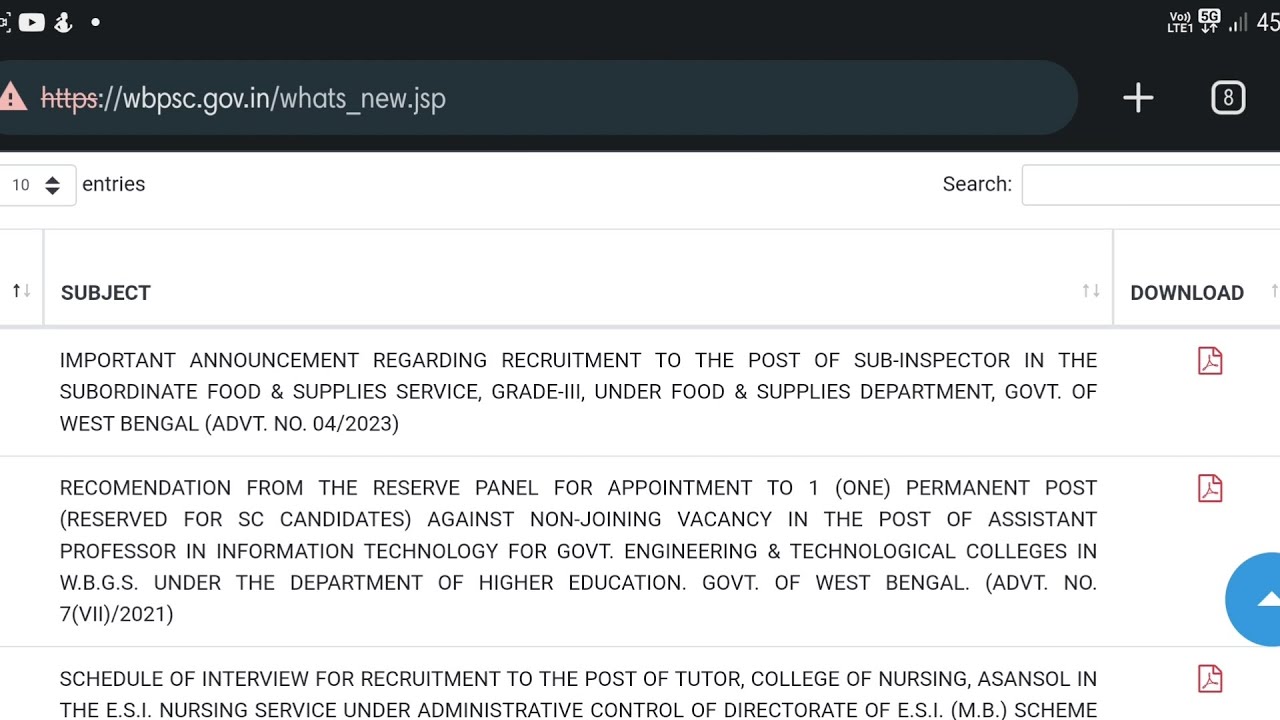 WBPSC FOOD SI new notification 2023. 