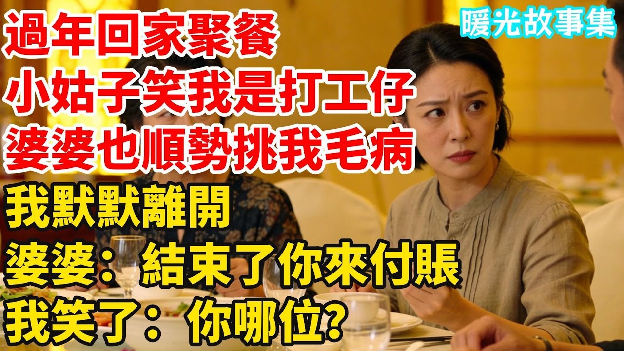 過年回家聚餐，小姑子笑我是個打工仔，窮酸氣擋都擋不住！婆婆也順勢挑我毛病，我默默離開，結賬時婆婆打來電話：我們結束了你來付賬！我笑了：你哪位？#婆媳故事#家庭倫理#家庭矛盾#暖光故事集