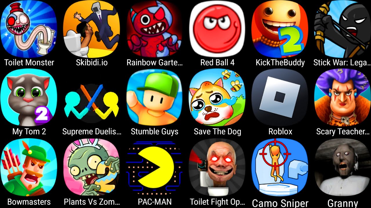 Plants Vs Zombies 2,Stumble Guys,My Talking Tom,Save The Doge,Camo Sniper,Granny,PAC MAN,Skibidy.io