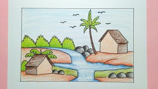 Cara Menggambar Pemandangan Alam Rumah Dan Air Terjun - How To Draw Scenery