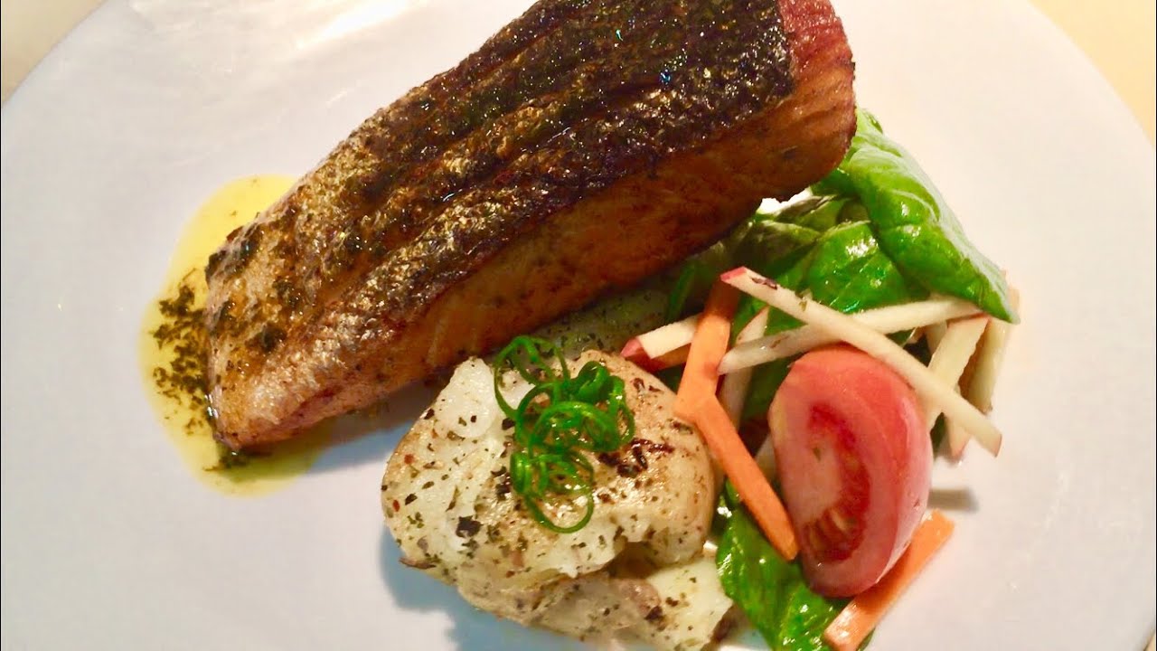 Pan Seared Salmon Fillet With Smashed Chat Potatoes, Salad and Lemon Butter Sauce - YouTube