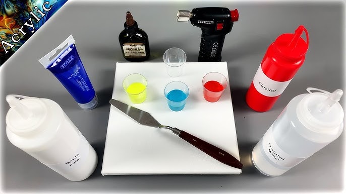 Products used in acrylic pouring to make cells. Silicone oil, treadmill  oil, hair serum, blaster sil…