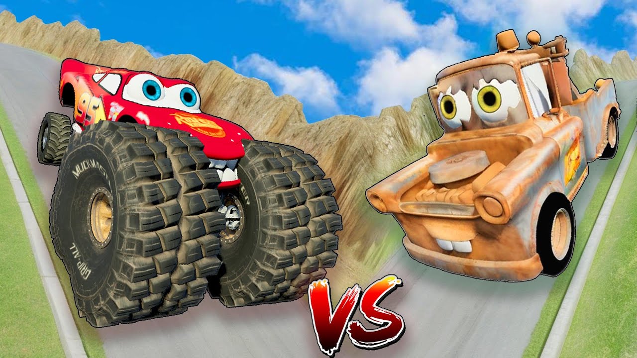 Tow Mater vs Custom Lightning McQueen Monster Truck & Giant Whells vs ...