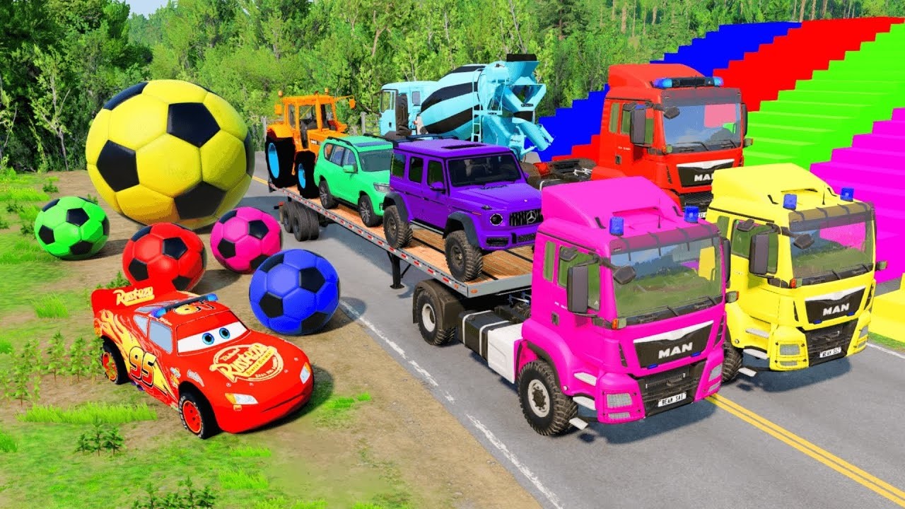 TRANSPORTING PIXAR CARS & FRUITS WITH COLORED & JOHN DEERE vs CLAAS vs TRACTORS - BeamNG.drive #983