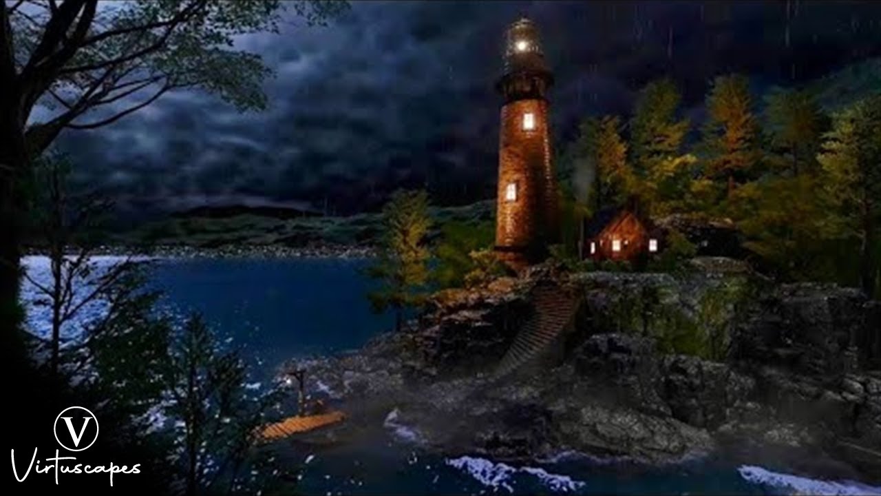 Stormy Lighthouse | Night Ambience | Ocean Waves, Rain & Thunderstorm Sounds