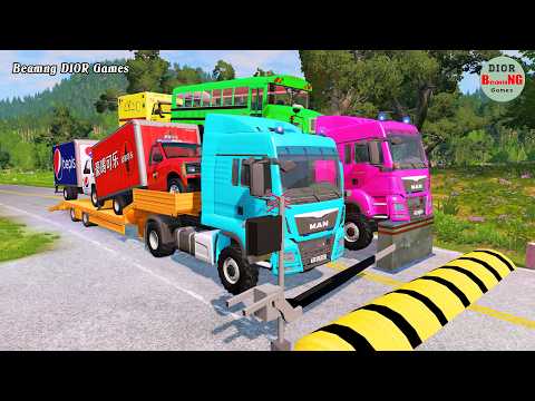 Double Flatbed Trailer Truck vs speed bumps|Busses vs speed bumps|Beamng Drive|1493
