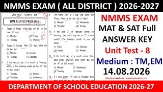 Nmms Unit Test 8 Answer Key 2026 MAT & SAT TM & EM 14-08-2026 #nmms #maths #math
