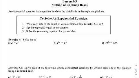 Algebra 2 Unit 4 Lesson 5 Method of Common Bases