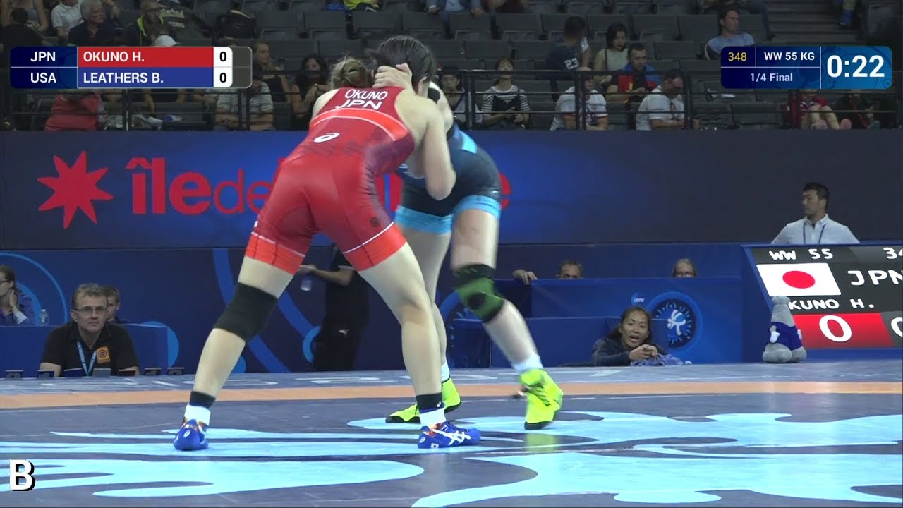 1/4 WW - 55 kg: H. OKUNO (JPN) df. B. LEATHERS (USA) by VPO, 8-0
