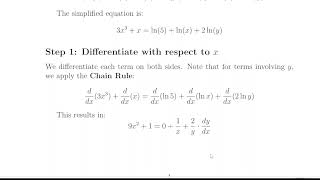Implicit Differentiation: Find dy/dx for 3x^3 + x = ln(5xy^2)