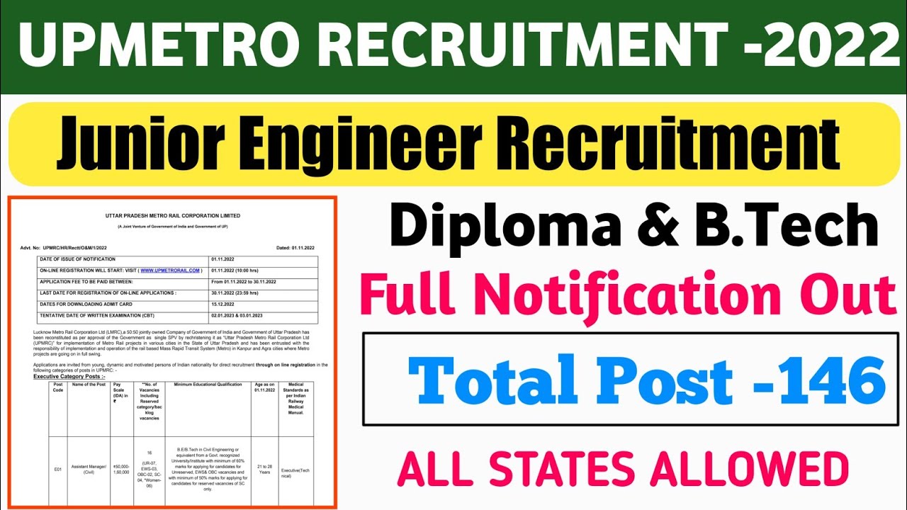 UP METRO JUNIOR ENGINEER NEW VACANCY 2022| UPMRCL NEW VACANCY 2022| LMRC JE FULL NOTIFICATION OUT
