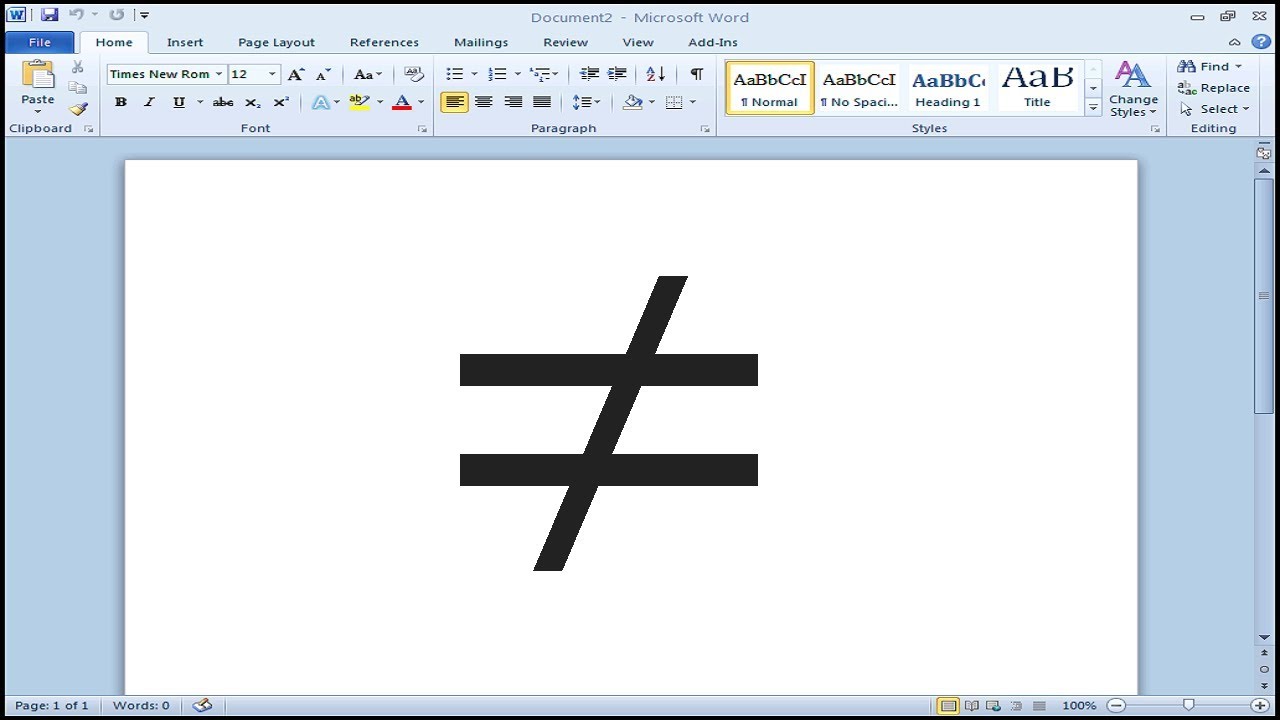 How to write not equal to symbol in Word