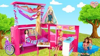 Barbie Sisters Pink Camper Unboxing Setup! New doll Tent! boneka Barbie kemping Boneca Campista