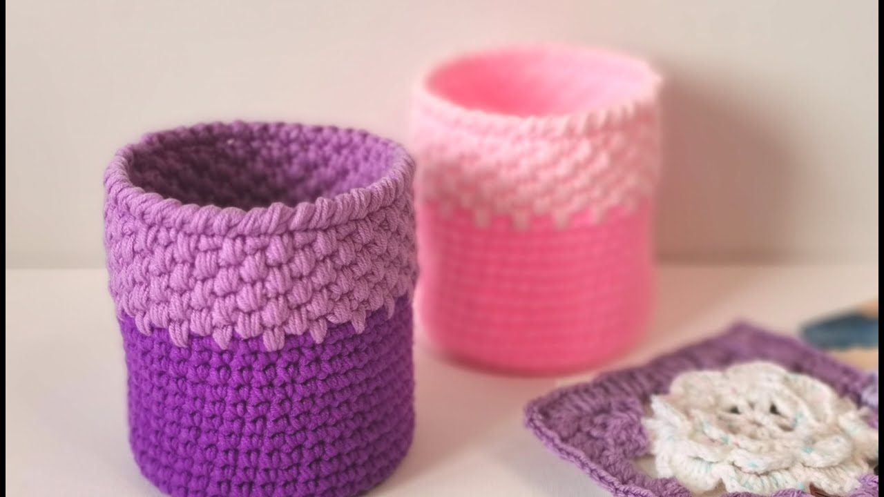 Easy Crochet Basket‖ Pen Stand‖ Pen Holder‖ Spike Stitch - 钩针笔筒储物罐糖果盒