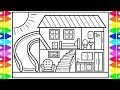 How to Draw a House with a Fun Slide for Kids 💚💜💙 House Drawing and Coloring Pages for Kids