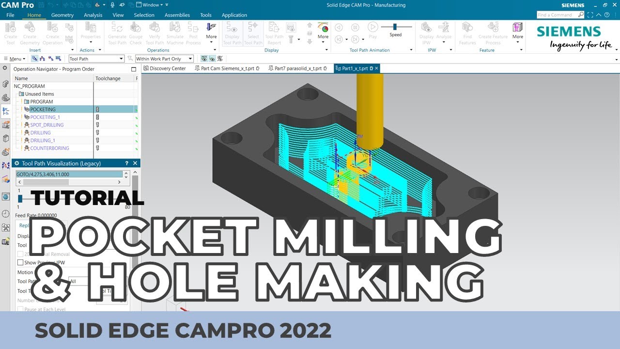 Solid Edge - Tutorial - CAMPro - Pocket Mill & Hole Making - YouTube