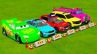 TRANSPORTING COLOR CARS MCQUEEN, BMW, FORD, TAHOE, FIRE ENGINE WITH MAN TRUCK